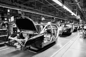 unfinished automobiles in a car plant