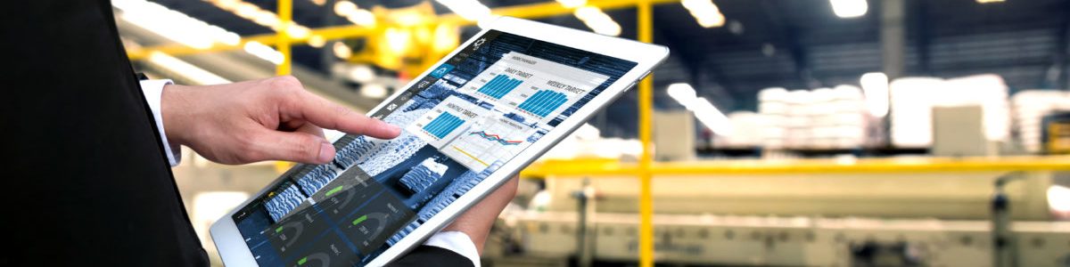 Engineer hand using tablet with machine real time monitoring system software. Automation robot arm , conveyor belt machine  in smart factory industry 4th iot , digital manufacture.